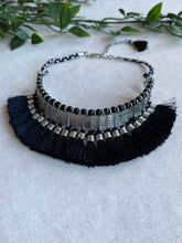 Load image into Gallery viewer, Black and Silver Tribal Tassel Choker Necklace
