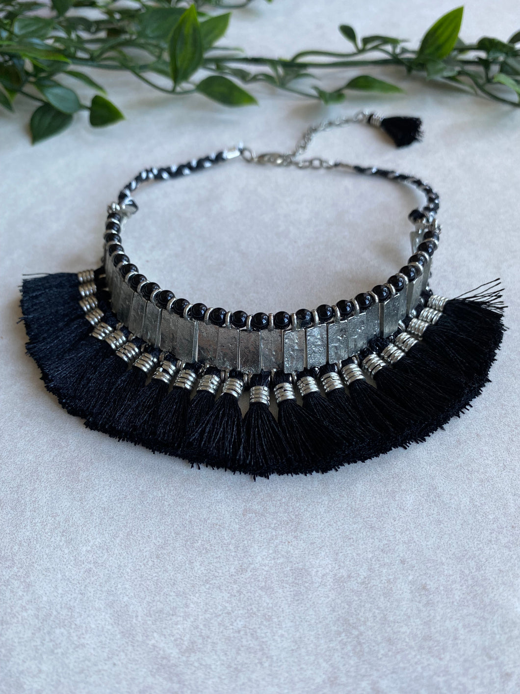 Black and Silver Tribal Tassel Choker Necklace