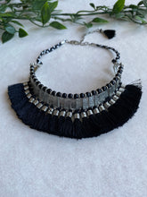 Load image into Gallery viewer, Black and Silver Tribal Tassel Choker Necklace
