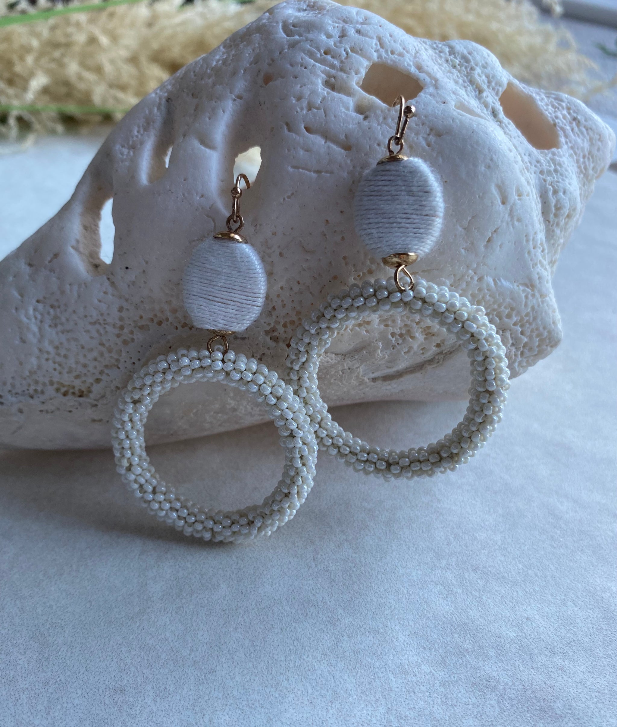 White Glass Beaded Hoop Dangle Earring - Main Image